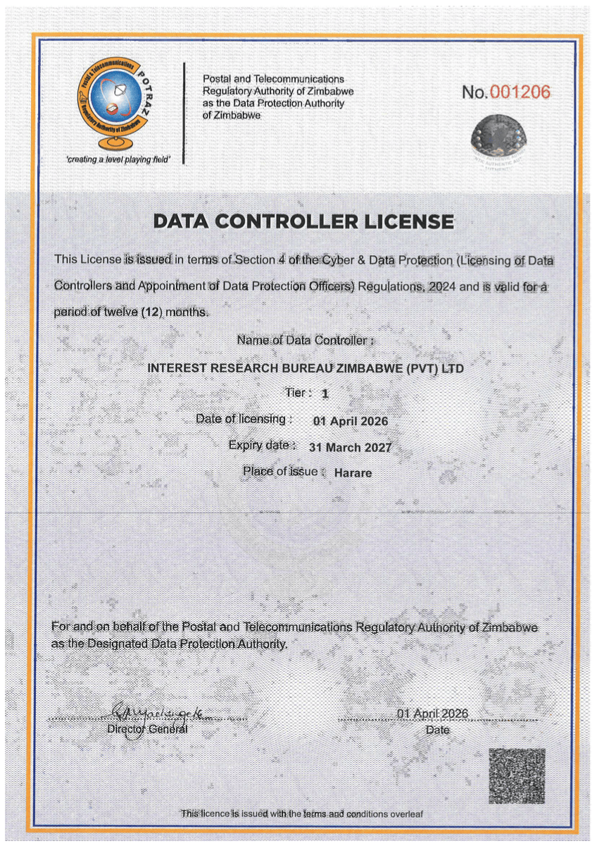 ILayisensi esemthethweni ye-POTRAZ yoMlawuli weDatha No. 001206 - Interest Research Bureau Zimbabwe
